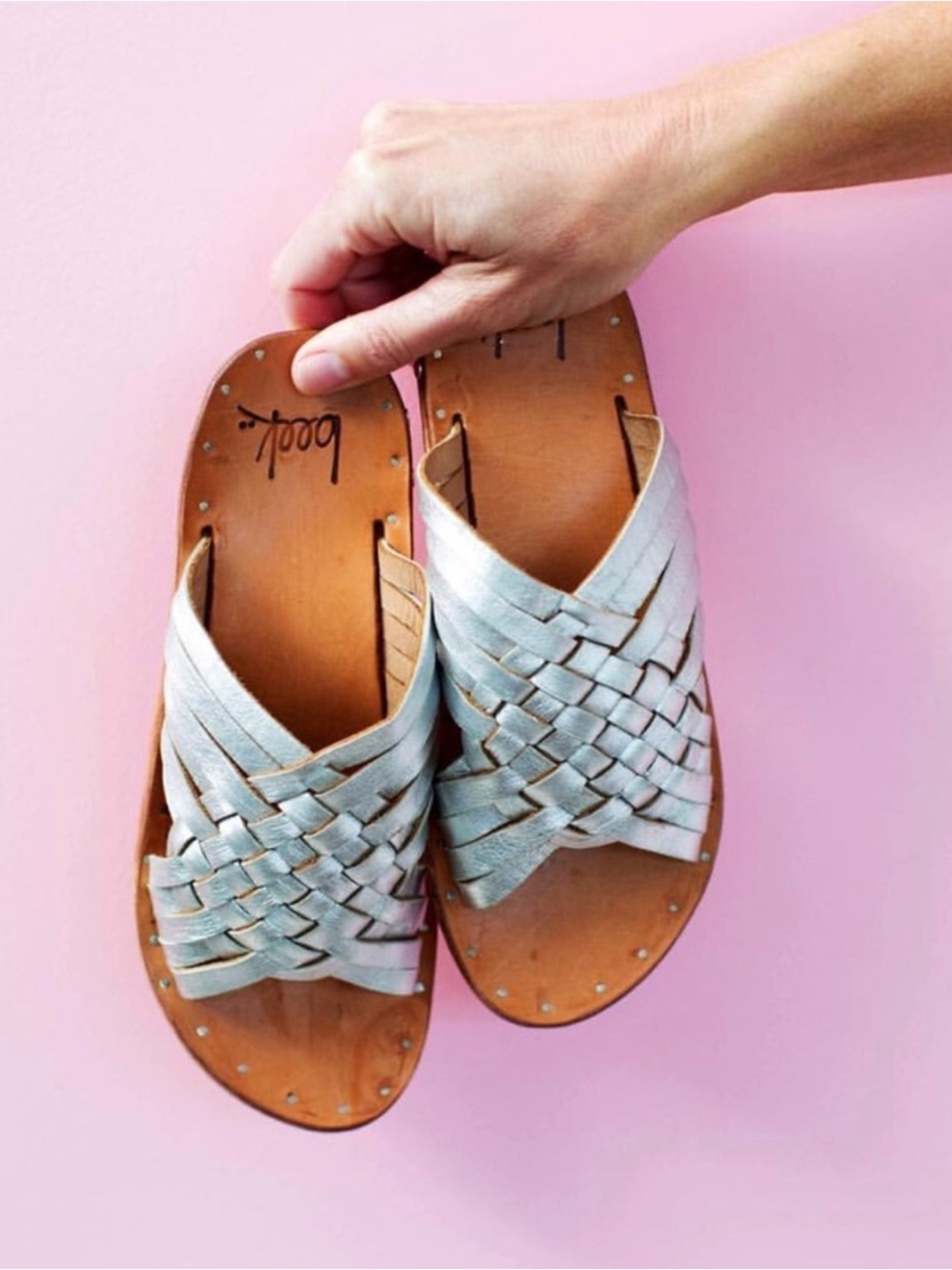Beek Swallow Silver Leather Woven Slide Sandals